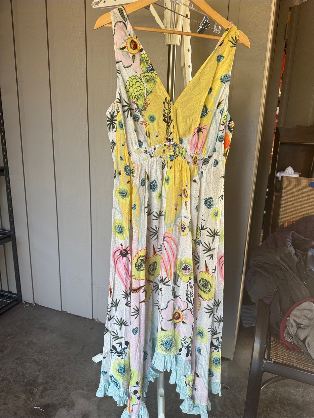 Anthropologie Floral V-Neck Sleeveless Maxi Dress in Yellow and Pastels
